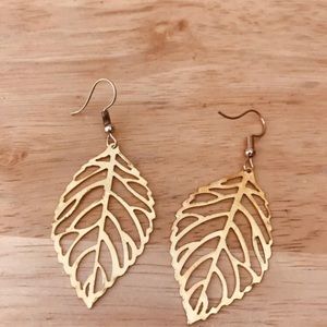 Gold Tone Leaf Cutout Drop Earrings | Boho Style - Handmade